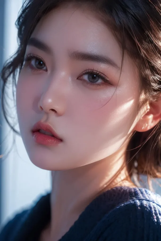 A close-up portrait of a beautiful woman with clear, smooth skin, delicate facial features, and soft lighting on her face. Ai generated image using stable diffusion.