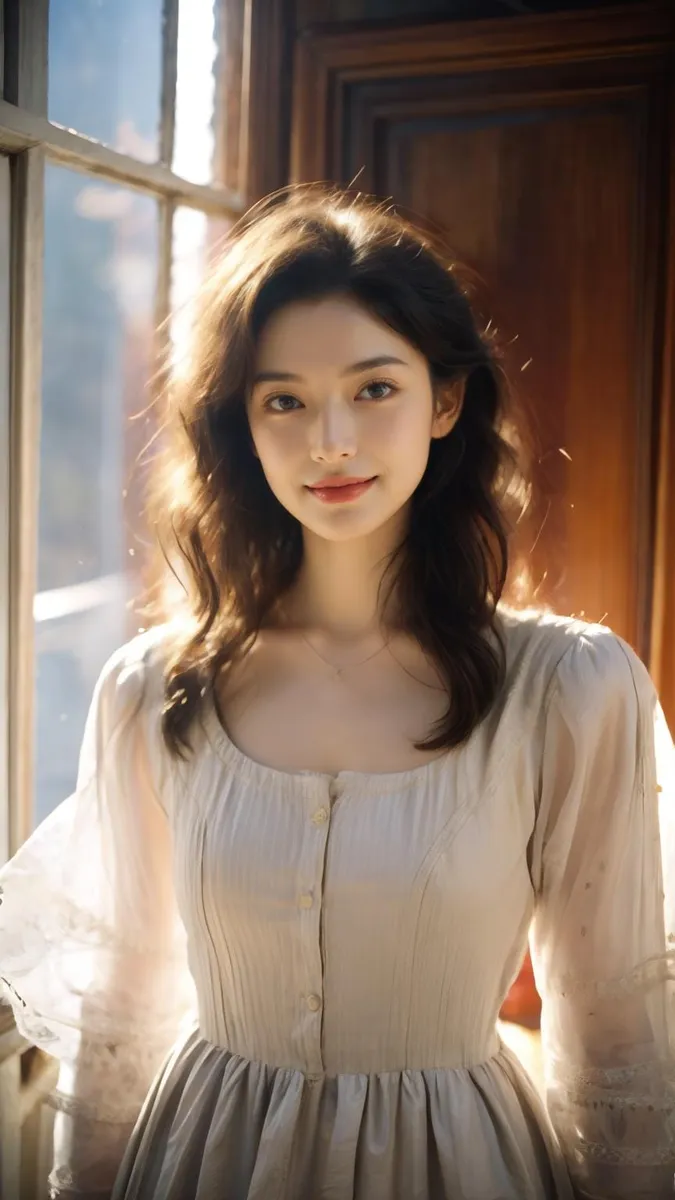 A beautiful woman standing by a window with natural light illuminating her face, wearing a vintage-style white dress with lace sleeves. This is an AI generated image using Stable Diffusion.