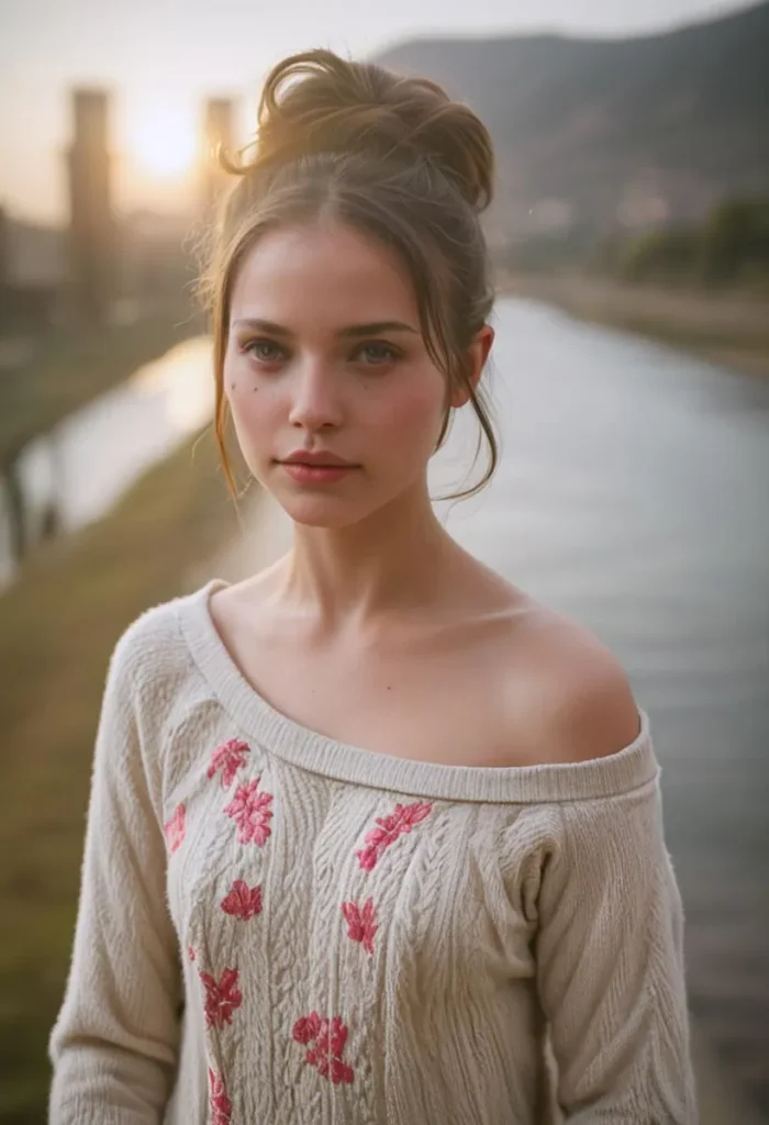 Outdoor portrait of a beautiful woman with a bun hairstyle, wearing an off-shoulder sweater with pink floral patterns, standing by a river at sunset. AI generated image using Stable Diffusion.