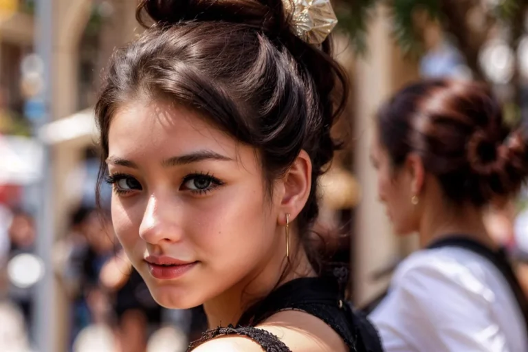 A beautiful woman with a bun hairstyle and gold earrings, appearing naturally lit by warm outdoor lighting in a bustling street, created using Stable Diffusion AI.