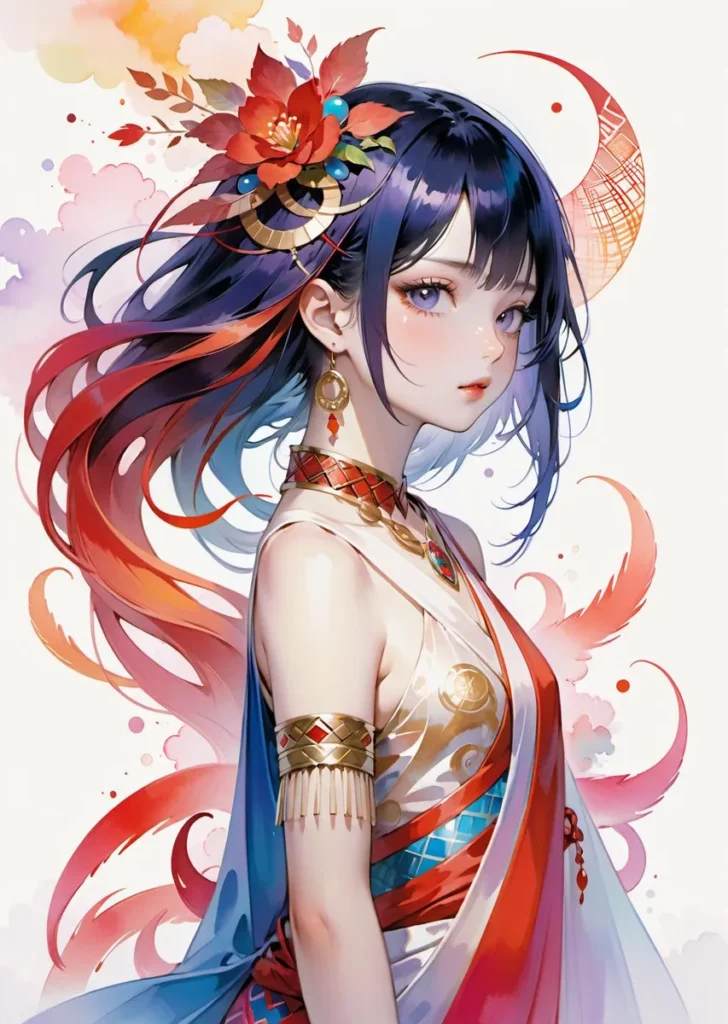 Beautiful anime girl with long blue and red hair adorned with an intricate floral headpiece, including large red flowers and gold leaves. The girl has purple eyes, wears elegant jewelry, and a flowing dress with gold accents. Soft colorful clouds and abstract shapes form the background, highlighting the artwork's fantastical style. This is an AI generated image using Stable Diffusion.