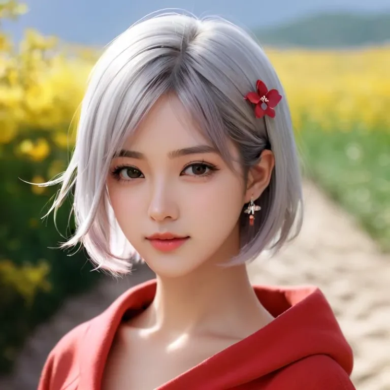 A beautiful anime girl with silver hair and a red flower hair clip, wearing a red garment, created using stable diffusion.