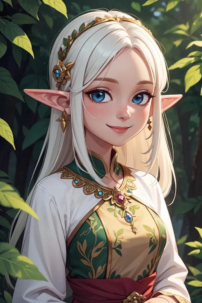AI generated image using stable diffusion depicting a beautiful elf with long white hair, blue eyes, wearing an ornate dress and gold accessories, standing in a lush forest.