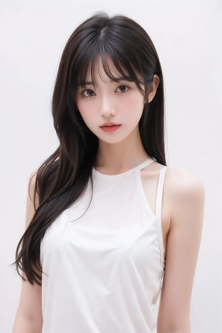 AI generated image of a beautiful girl with long dark hair, wearing a sleeveless white top, with a neutral expression.