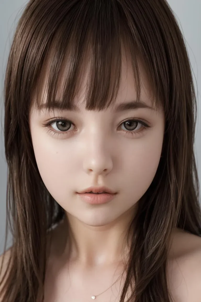 A detailed, close-up portrait of an AI-generated beautiful woman with long brown hair and a calm expression created using Stable Diffusion.