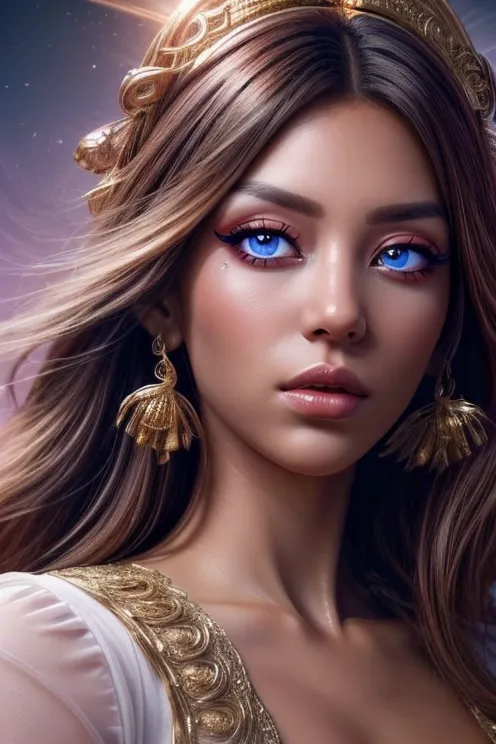 AI generated portrait of a beautiful woman with striking blue eyes, wearing royal attire and ornate gold jewelry. Created using Stable Diffusion.