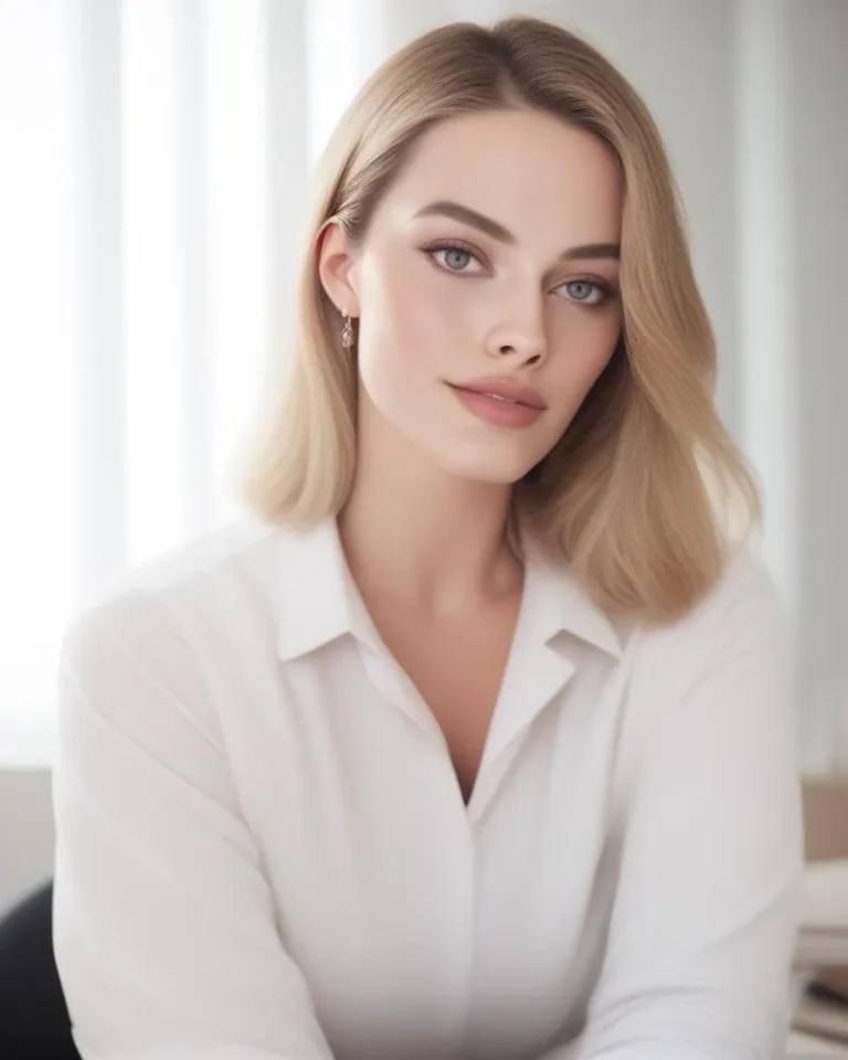 Portrait of a beautiful woman with blonde hair, wearing a white shirt in a studio setting. AI generated image using stable diffusion.