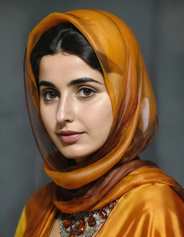 A beautiful woman wearing traditional attire with an orange and brown headscarf and an ornate necklace, created by AI using Stable Diffusion.