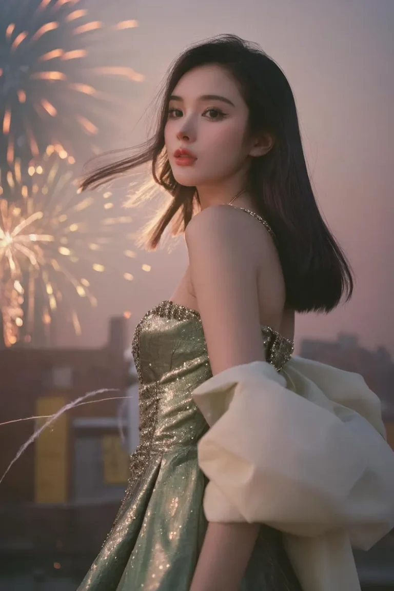 A glamorous woman in a sparkling dress standing outdoors with a background of bright fireworks, created using Stable Diffusion.