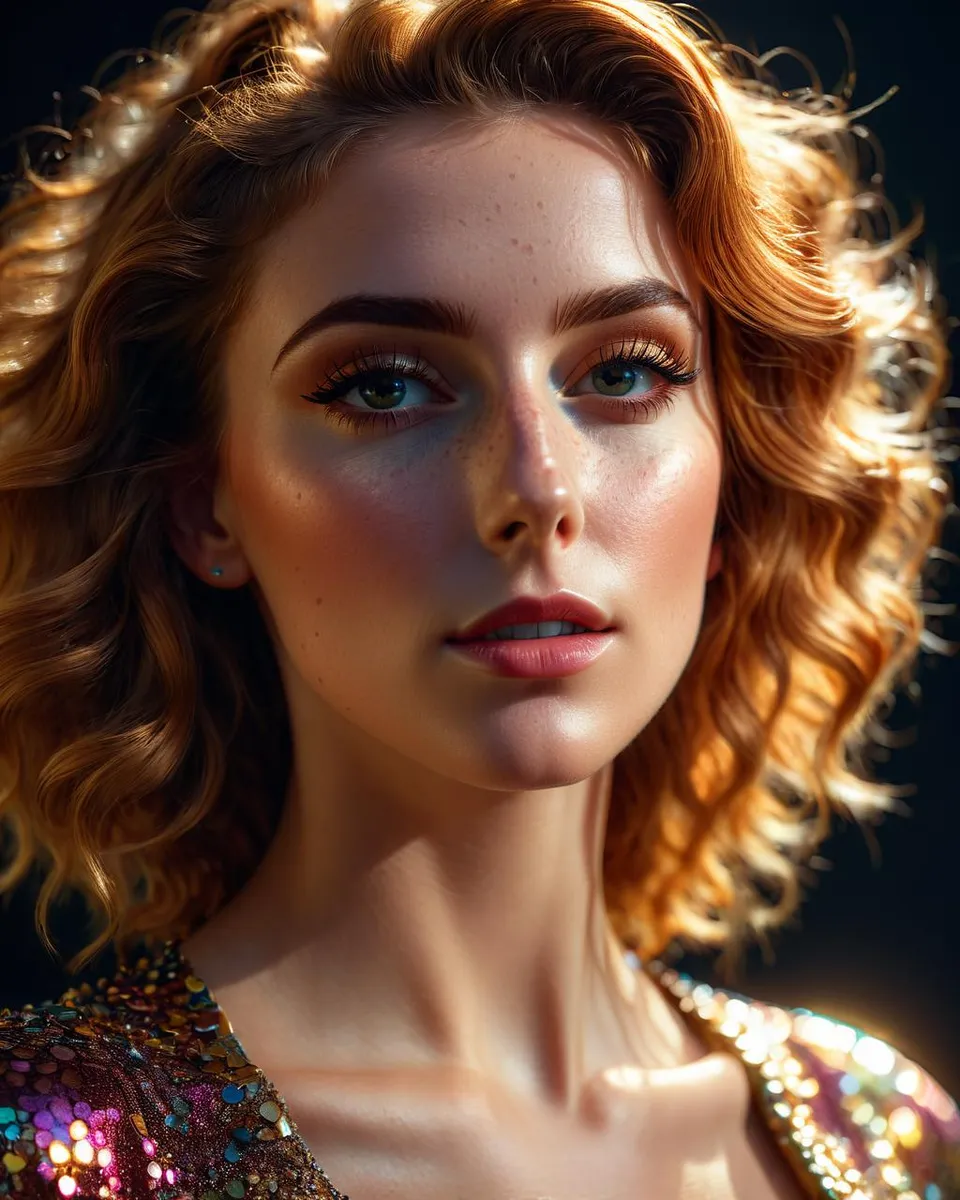 A stunning and realistic AI-generated image using Stable Diffusion of a young woman with golden curls and radiant skin, wearing a sequin dress.