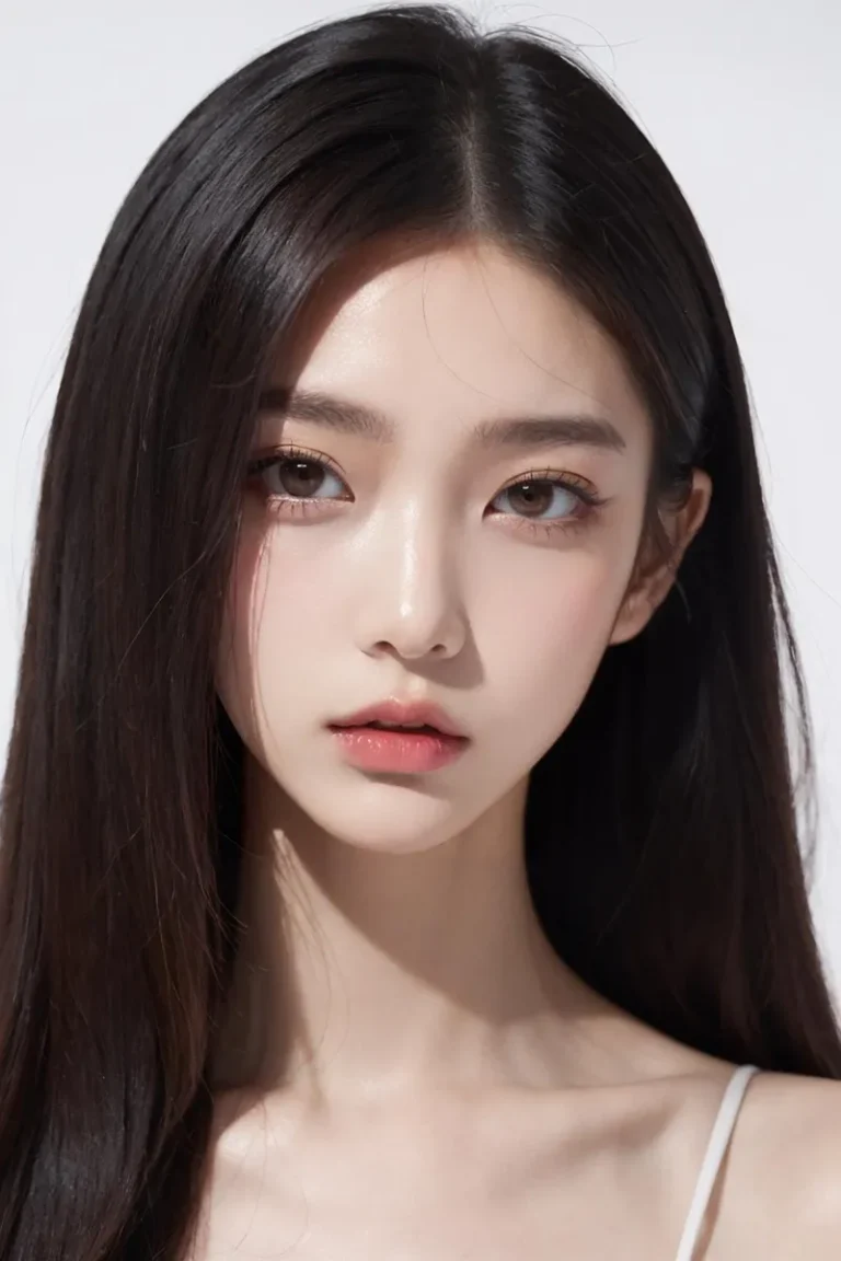 A beautiful woman with long, straight hair and flawless skin, generated by AI using stable diffusion.