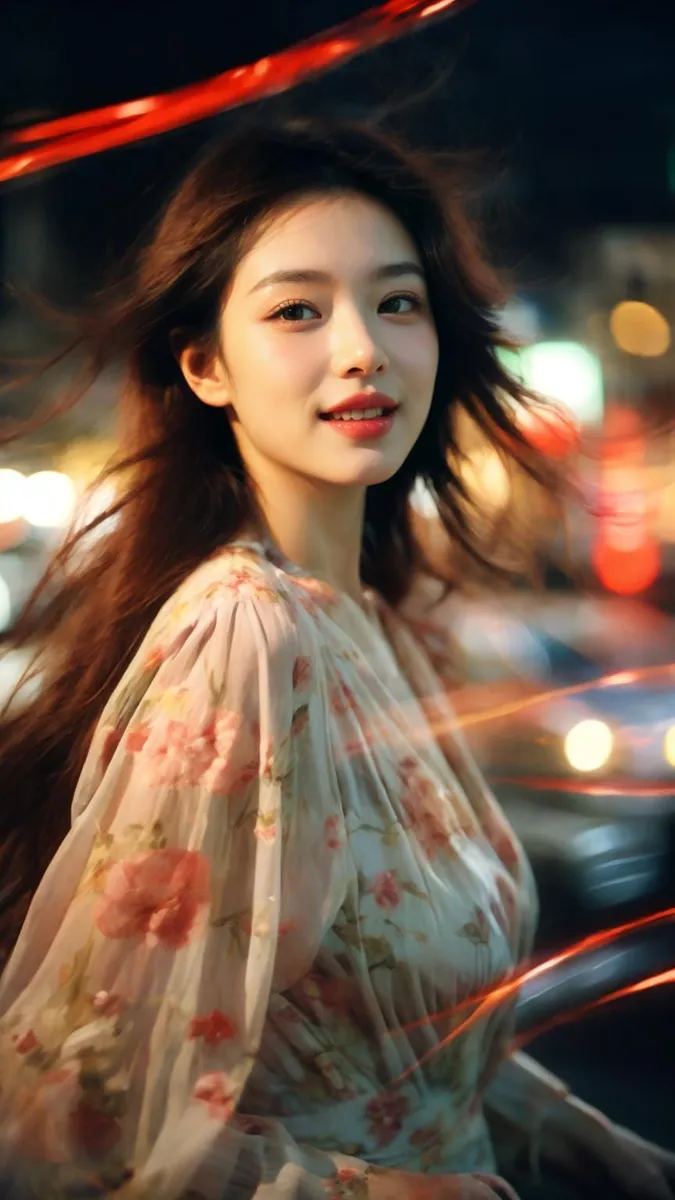 Beautiful woman with long hair in a floral dress, with night city lights in the background. This is an AI generated image using stable diffusion.