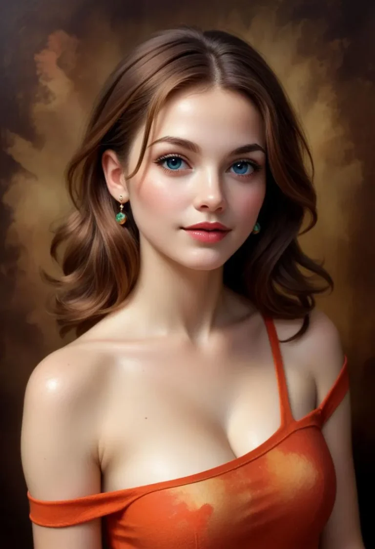 Portrait of a beautiful woman with blue eyes, wearing an orange dress and green earrings. AI generated image using Stable Diffusion.