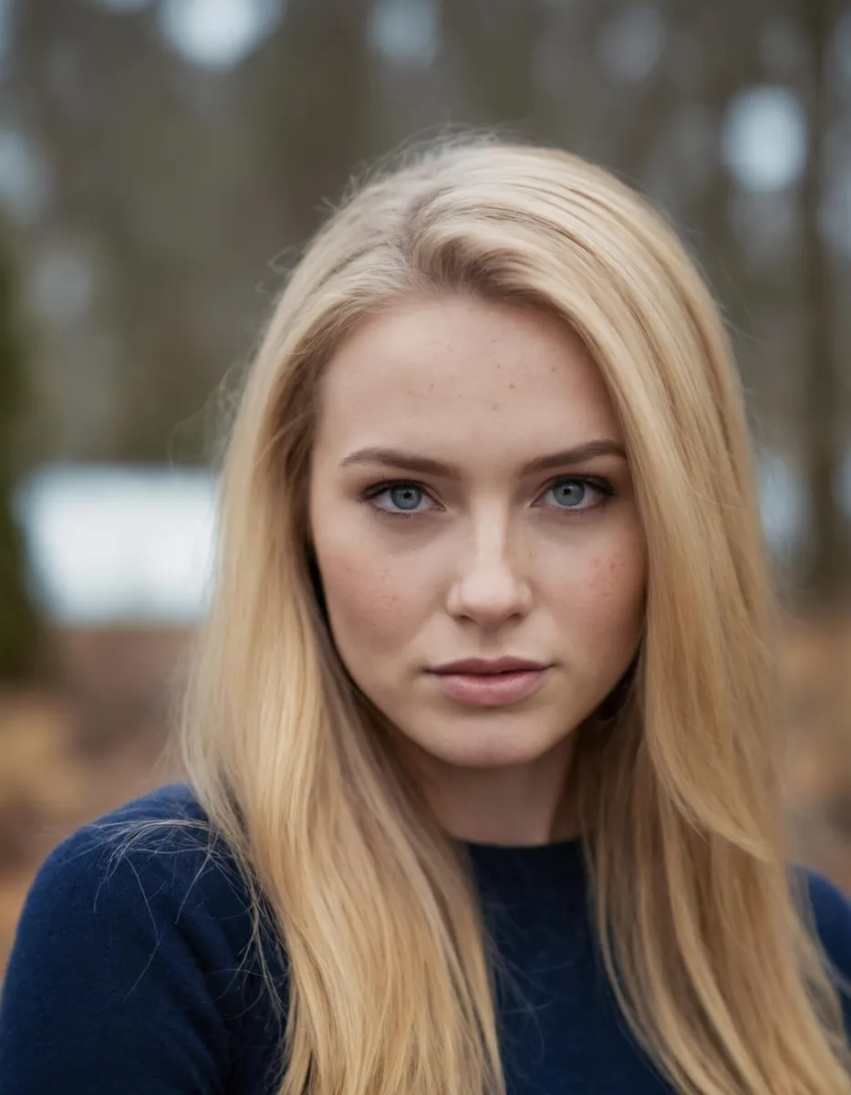 A beautiful woman with long blonde hair and blue eyes captured in an outdoor setting. AI generated image using Stable Diffusion.