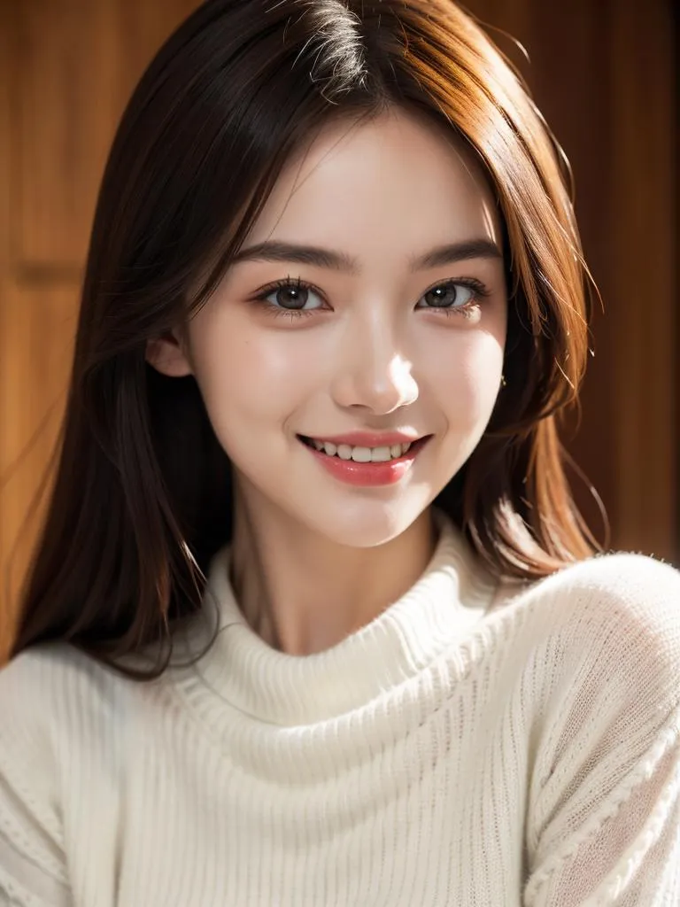 AI generated image of a woman with long, straight brown hair, smiling warmly while wearing a white knitted sweater.