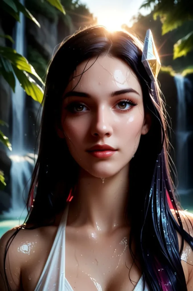 A stunning AI generated image of a beautiful woman with wet hair, slight makeup, and a paper boat accessory in her long straight hair with a waterfall background using stable diffusion.