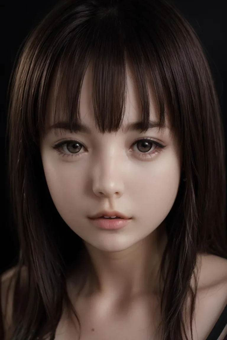 A close-up portrait of a beautiful young woman with fair skin and large, expressive eyes, characterized by straight, dark hair with bangs against a black background. AI-generated image using Stable Diffusion.