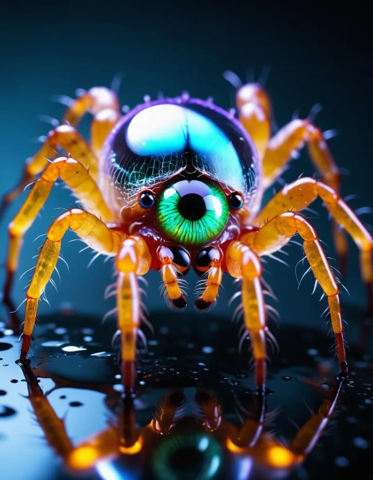 A detailed close-up of a colorful, bioluminescent spider created using stable diffusion. The spider has vibrant hues of blue, green, and orange with a large green eye, shown on a reflective surface in a dark background.