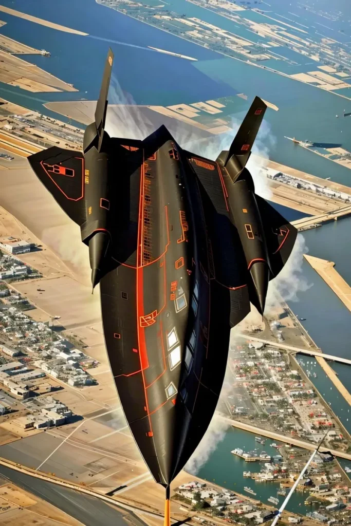 A black aircraft, resembling an SR-71 Blackbird, flying over a coastal city with clear blue waters, generated with Stable Diffusion.