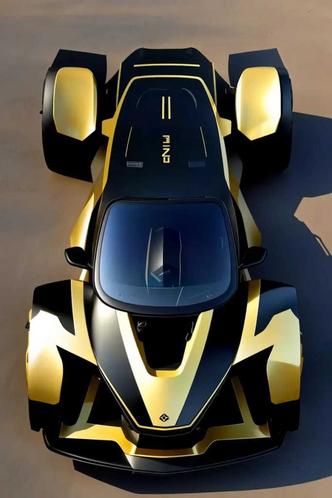 Black and gold futuristic sports car viewed from above, emphasizing its sleek design, created using stable diffusion.