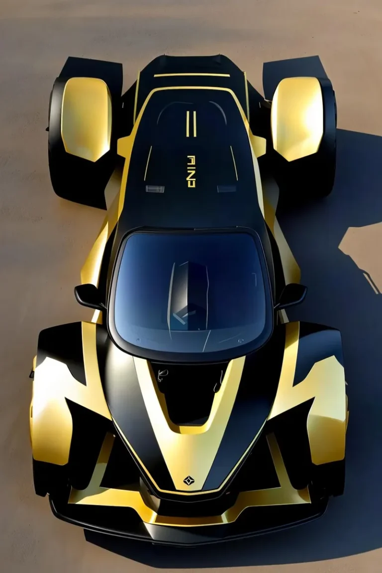 Black and gold futuristic sports car viewed from above, emphasizing its sleek design, created using Stable Diffusion.