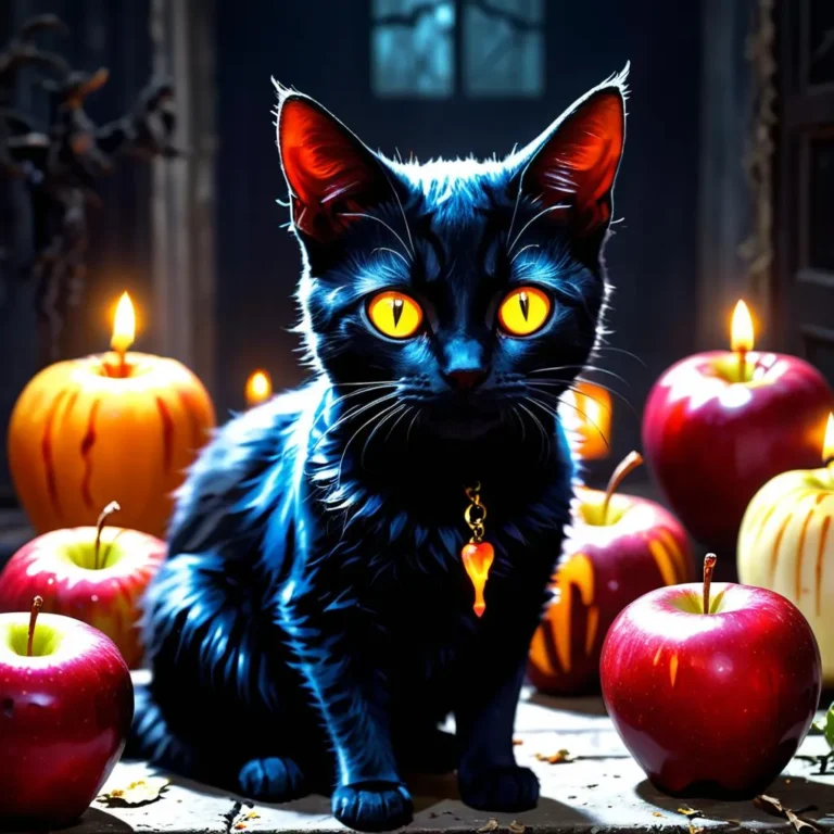 A black cat with bright yellow eyes sits among lit candles and apples in a dark Halloween-themed setting. This is an AI generated image using stable diffusion.