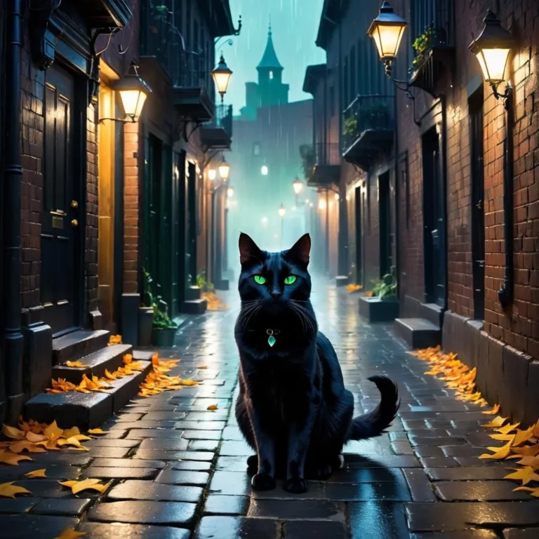 A black cat with glowing green eyes sits on a wet cobblestone street lined with street lamps, leaves scattered on the ground, and mist in the background. AI generated image using stable diffusion.