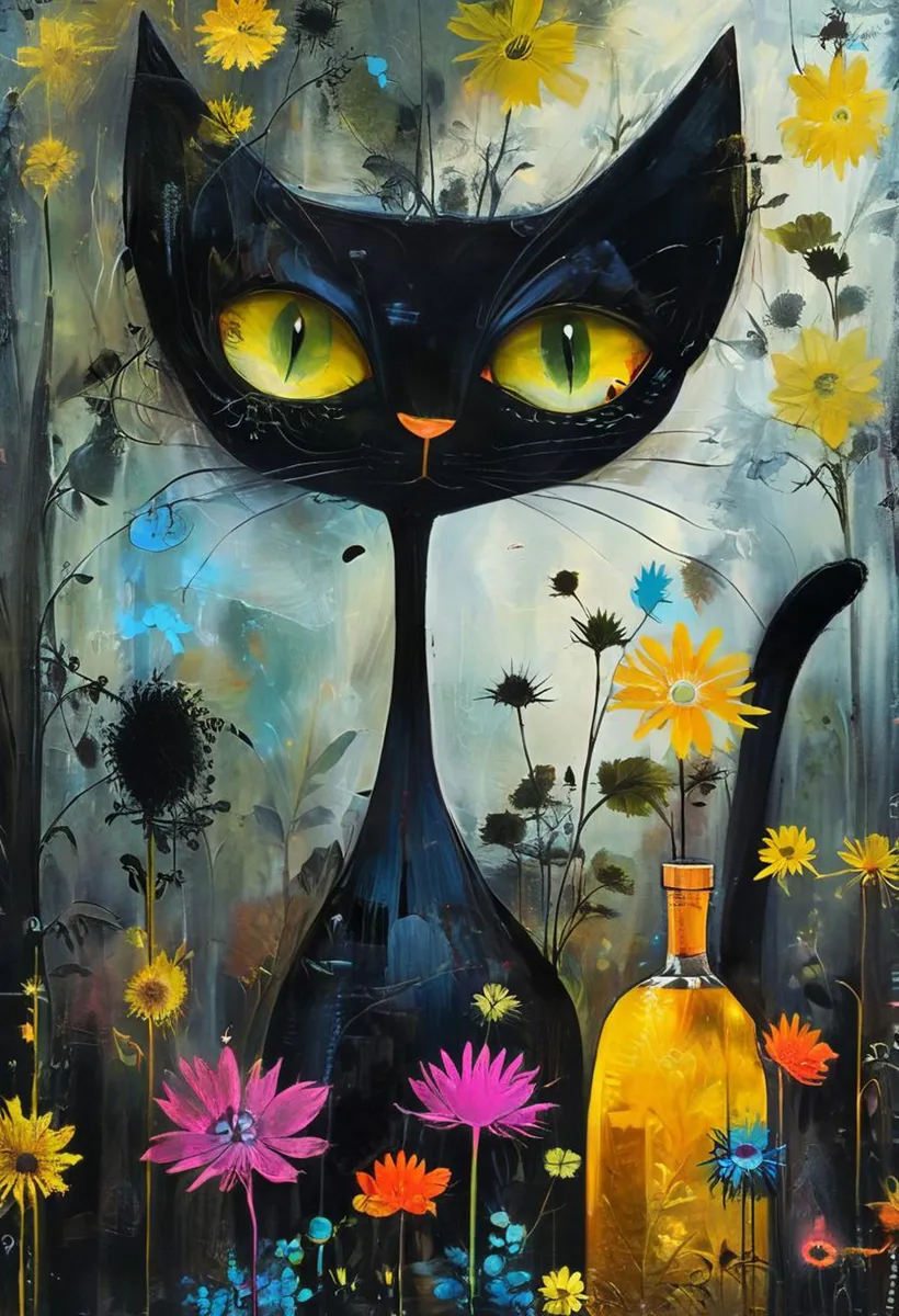A black cat with large yellow eyes sits among whimsical flowers in various colors, showcasing surreal digital art generated using Stable Diffusion.
