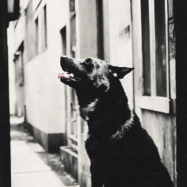 Black dog in an urban alley looking upward, AI generated image using stable diffusion.