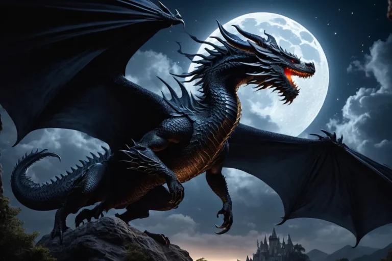 A black dragon with glowing red eyes and outstretched wings standing on a rocky cliff under a full moon, created using Stable Diffusion.