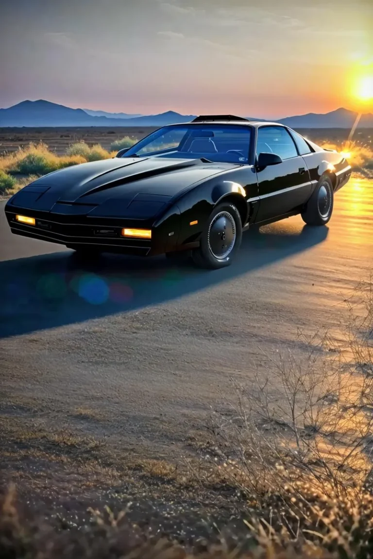 A sleek black sports car with modern design headlights and rounded contours parked on a deserted road during sunset, generated using AI and Stable Diffusion.