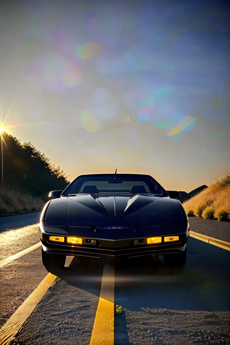 Black sports car with illuminated headlights on a road at sunset. AI generated image using Stable Diffusion.