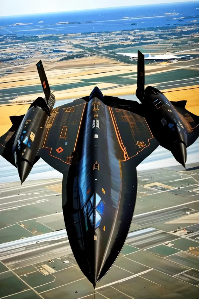 Black stealth aircraft captured in aerial view, AI generated image using stable diffusion.