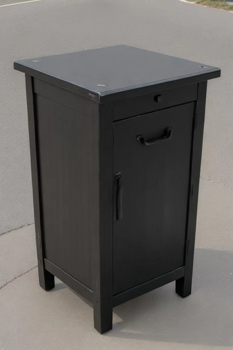 Black wooden storage cabinet with a drawer and cabinet door. AI generated image using stable diffusion.