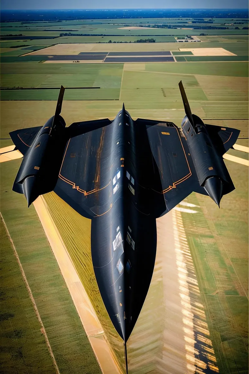 AI generated image using stable diffusion of a Blackbird SR-71 reconnaissance aircraft flying over farmland with its iconic black streamlined structure.