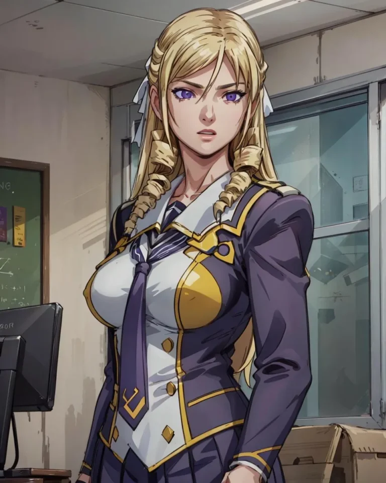 Anime character with blonde hair, dressed in a detailed school uniform, standing in a classroom setting. This is an AI generated image using stable diffusion.