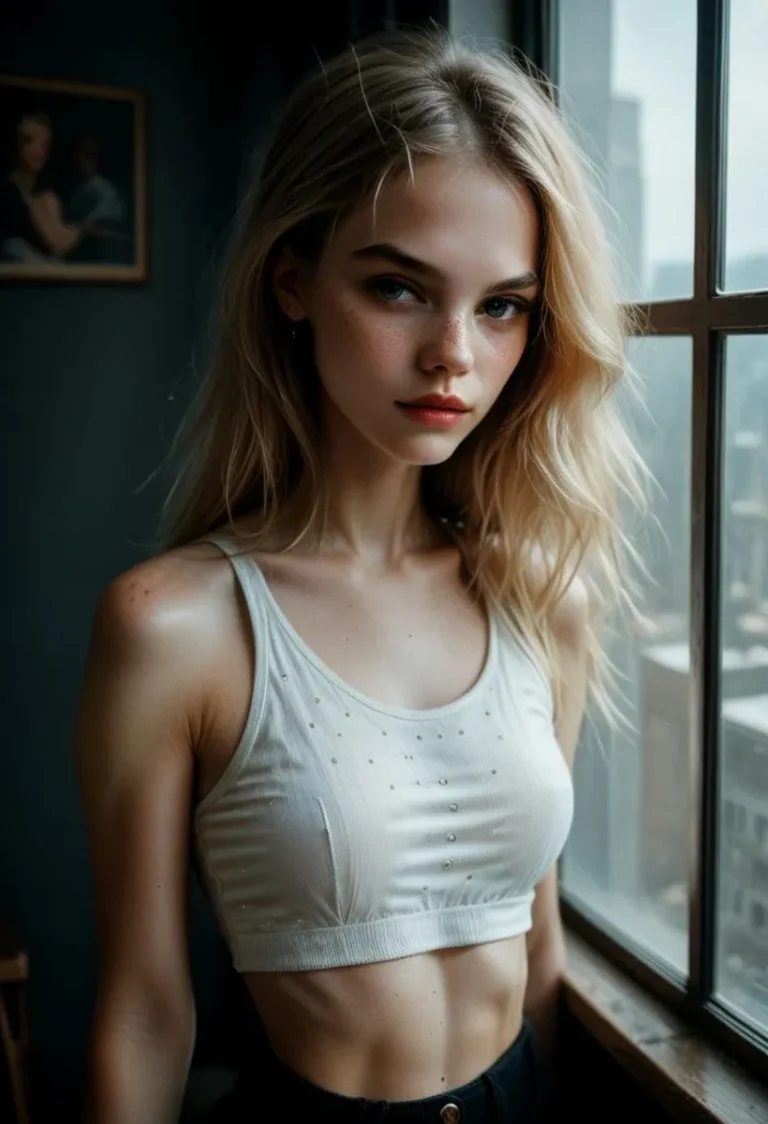 A young blonde woman in a white tank top stands near a window with natural light, AI generated image using Stable Diffusion.