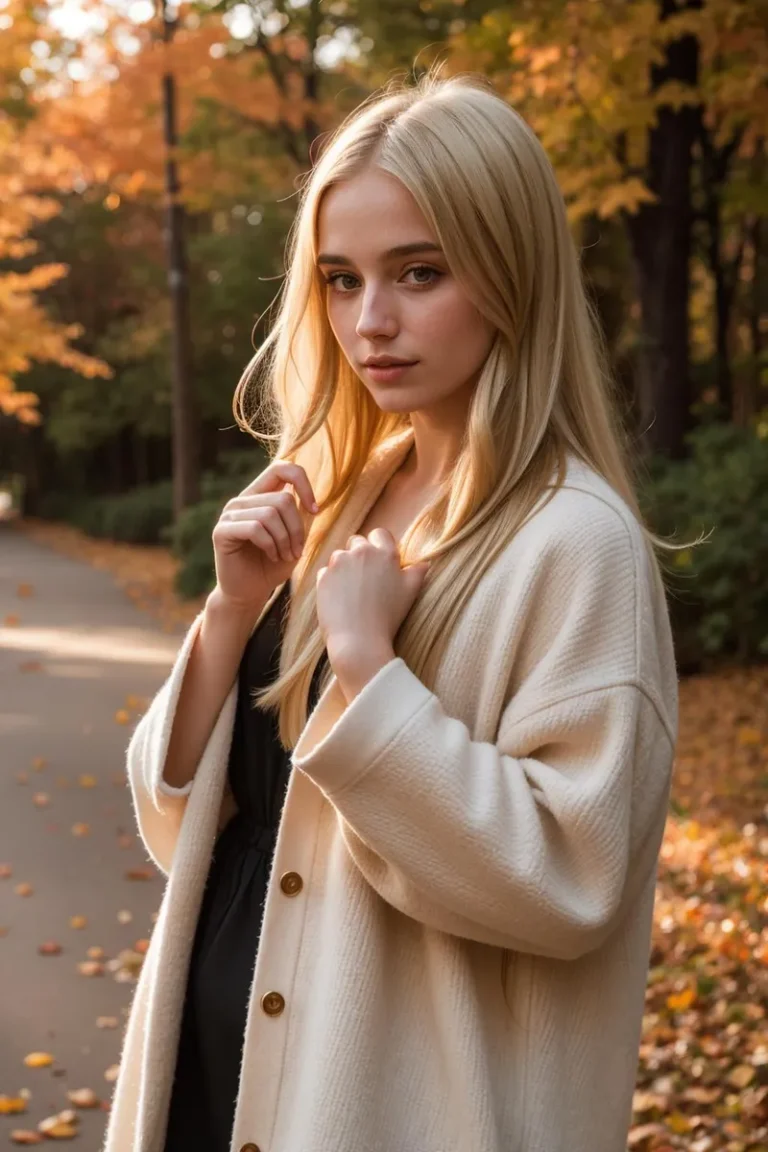 A blonde woman wearing a white sweater, standing on a path with autumn leaves, AI generated image using Stable Diffusion.