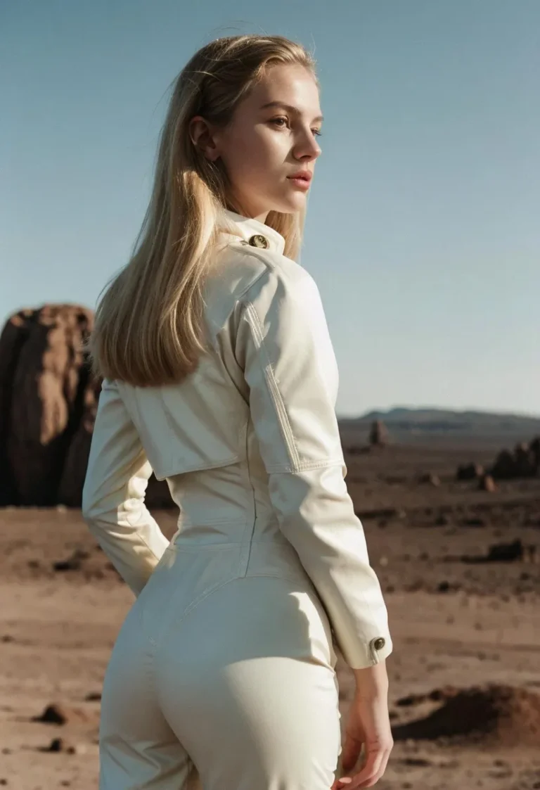 Blonde woman with long hair in a white fitted jumpsuit standing in a desert landscape, looking over her shoulder. AI-generated image using Stable Diffusion.