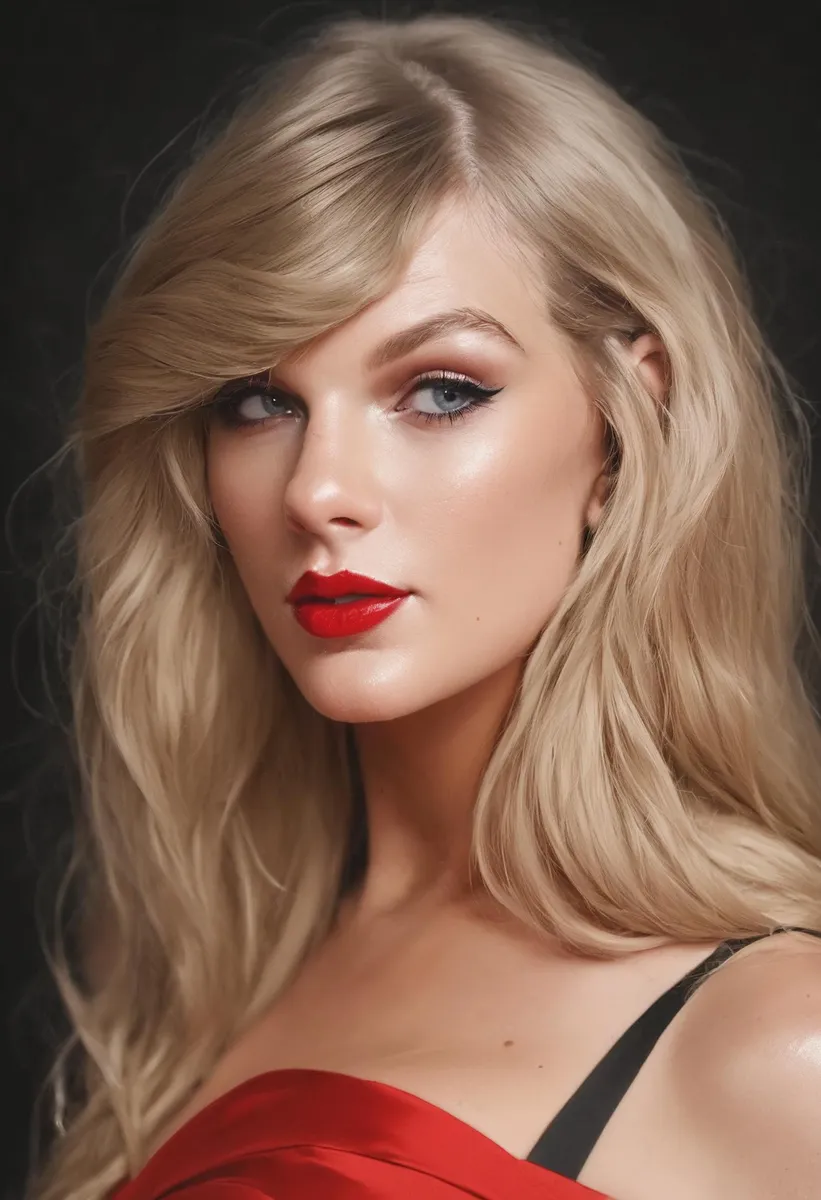 A portrait of a blonde woman with red lips in a glamorous style, AI-generated image using Stable Diffusion.
