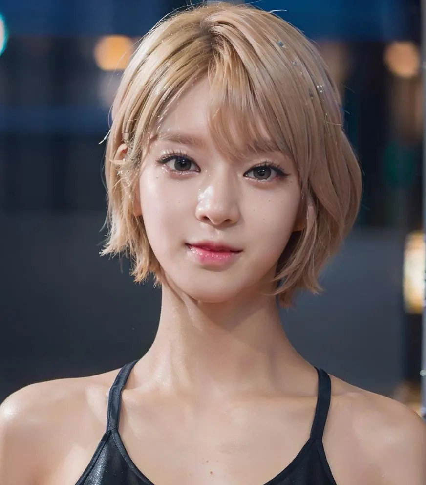 Close-up portrait of a blonde woman with short hair in a tank top, created using Stable Diffusion AI.