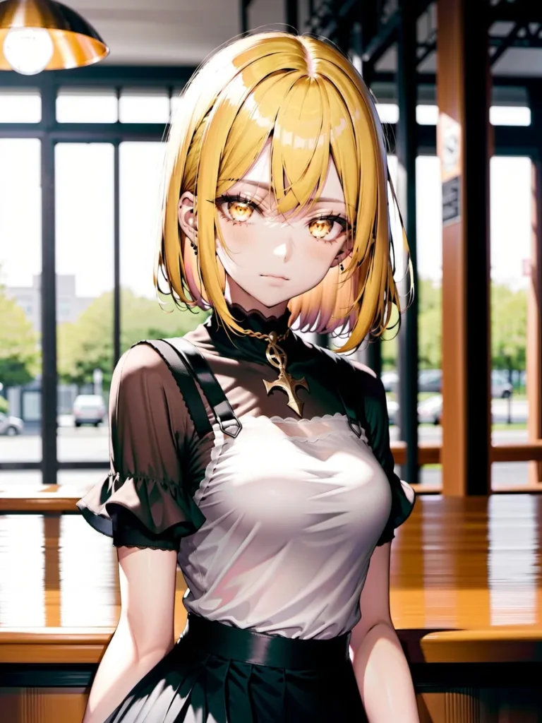 An AI generated image using Stable Diffusion, featuring a blonde anime character with gold eyes in a stylish outfit standing in a sunlit cafe.