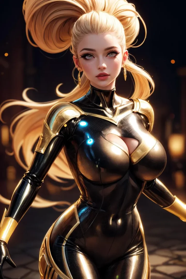 AI generated image of a stunning blonde heroine in a shiny futuristic suit with golden accents.