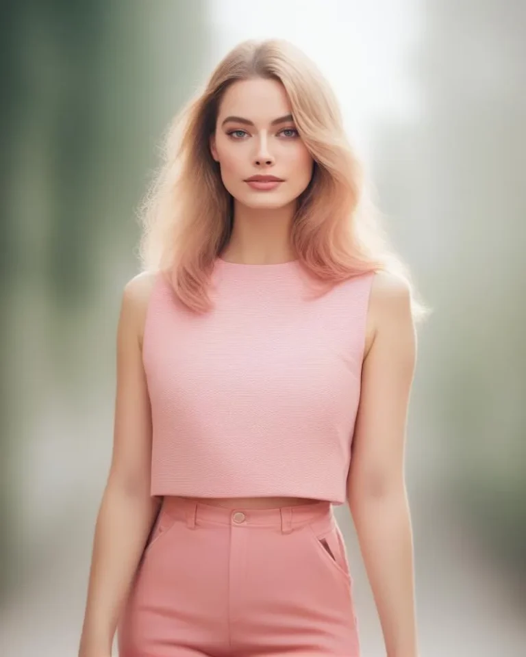 A blonde woman wearing a sleeveless pink top and high-waisted pink pants, created using Stable Diffusion AI.