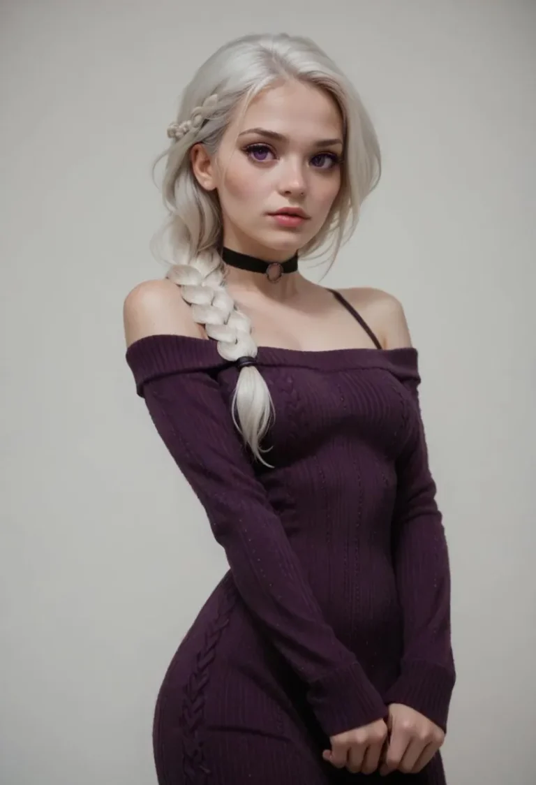 AI generated image using stable diffusion of a blonde woman with a braid and choker, wearing a purple off-shoulder dress.