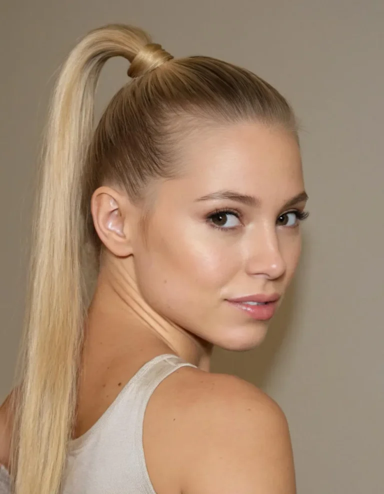 Portrait of a blonde woman with a high ponytail, shown in side view, smiling softly. AI generated image using Stable Diffusion.