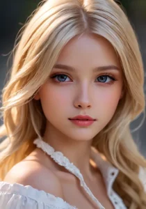 AI generated image of a beautiful woman with blonde hair, blue eyes, and a white off-shoulder top.