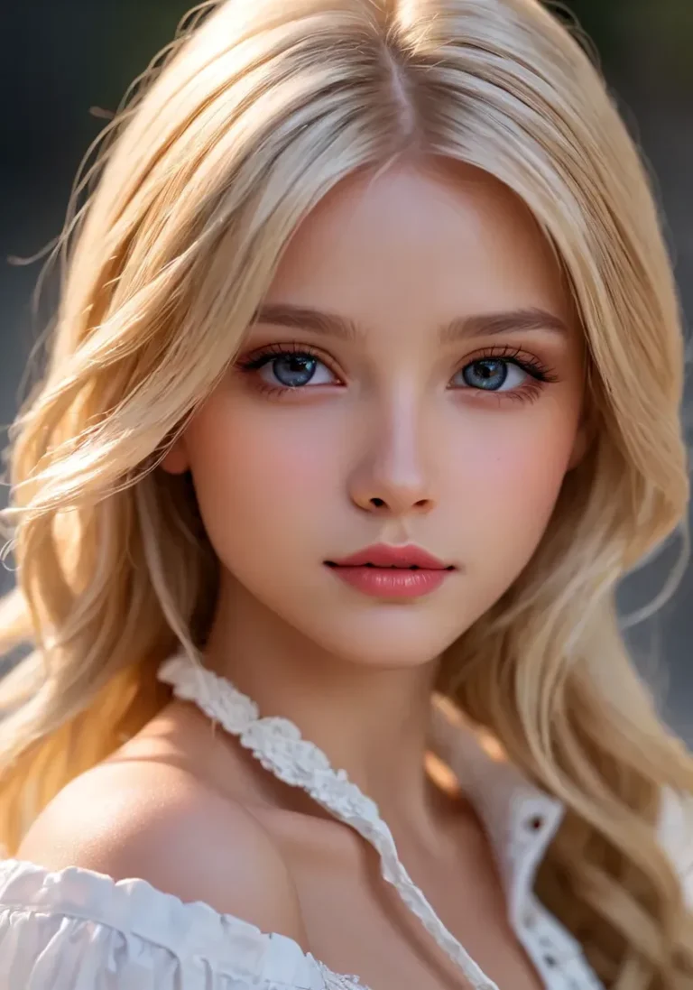 AI generated image of a beautiful woman with blonde hair, blue eyes, and a white off-shoulder top.