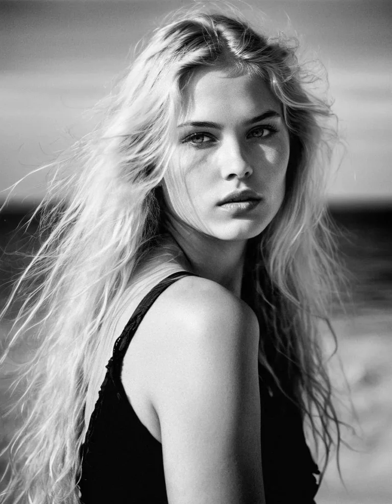 Black and white portrait of a blonde woman with long hair, in a black dress, standing on the beach. AI generated image using stable diffusion.