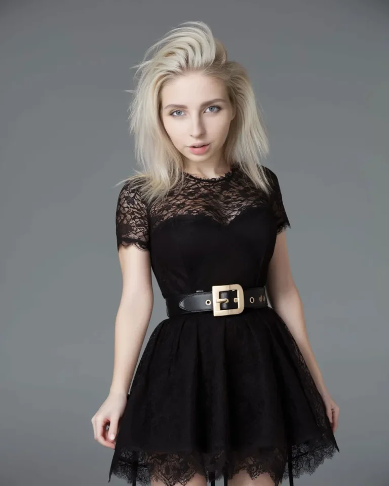 A blonde woman in a black lace dress with a wide belt, AI generated using stable diffusion.